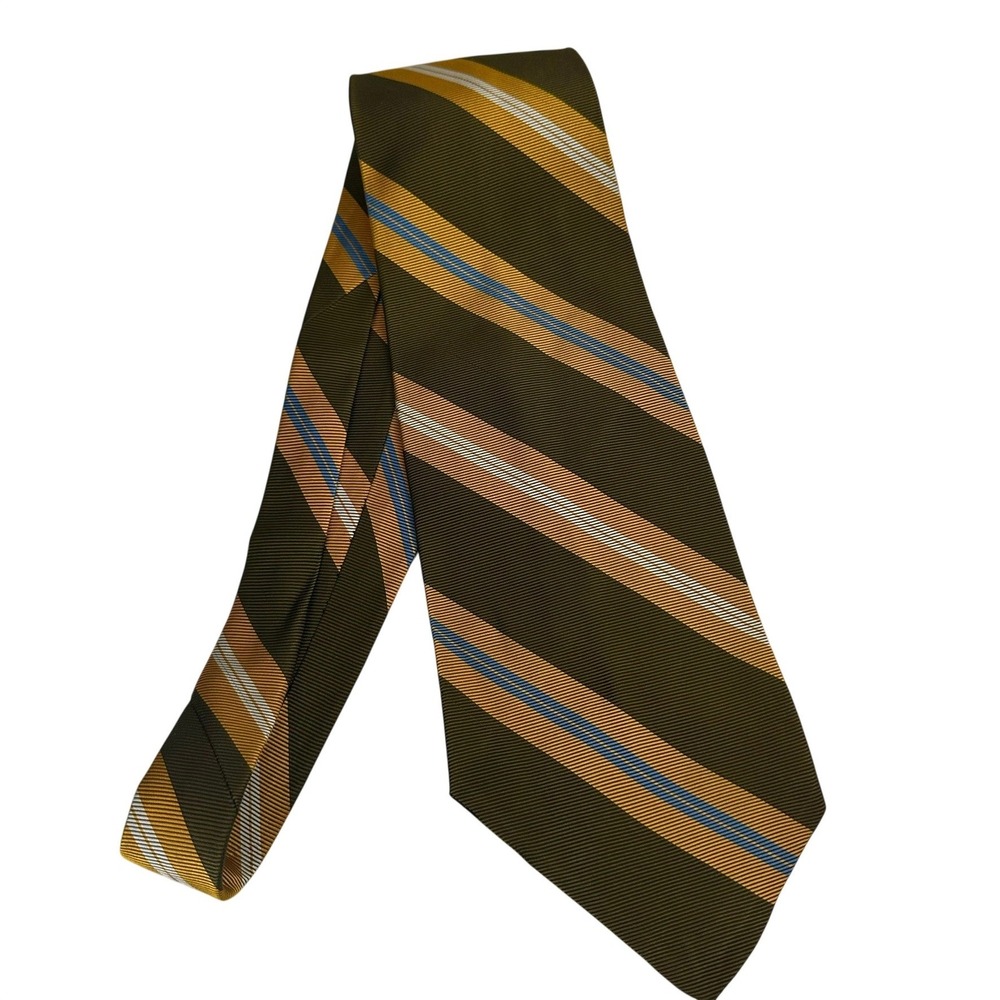 Vintage Wide Tie 4.5 Inch Diagonal Stripe Olive Gold Blue Retro Classic Preppy